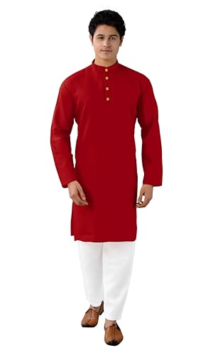 Chandrakala Men's Tunic Cotton Kurta Pajama Set Indian Casual Yoga Dress (MK101) - color: Red-101, size: Medium