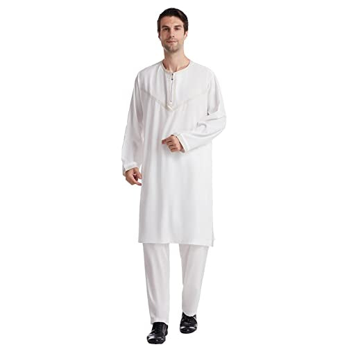 Muslim Outfits for Men Button Down Pocket Two Piece Muslim Outfit Casual Thobes Set Robe Set Machine Washable - color: 04#_white, size: Large