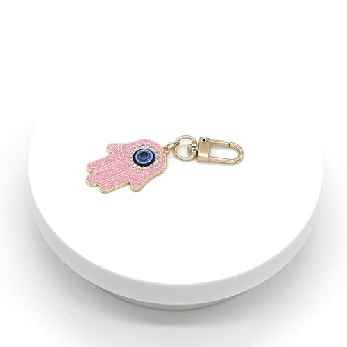 Evil Eye Keychain Hamsa Hand keychain Protection Charm for Men Women Car Key Ring Bag Purse Accessories - color: Gold Pink
