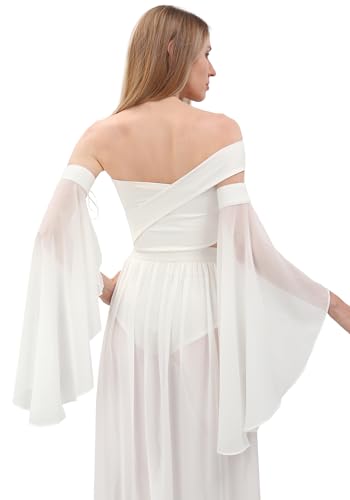 KUOIN Women's Long Flowy Bell Sleeves, Detachable Goth Arm Mesh Gloves for Wedding Party Renaissance Costume Accessories - color: White Lace Up