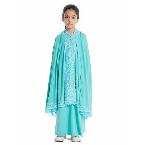 Girls Abaya Muslim Prayer Dress 2 Piece Maxi Sleeve Full Cover Lace Hijab Kaftan Tops Long Skirt Kids Soft Elastic - color: Green, size: 7-8 Years