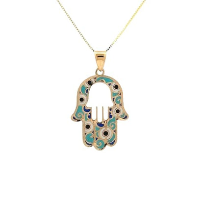 14K Solid Gold Pendant Necklace Hand-Painted Abstract Hamsa Hand and Allah Calligraphy (Evil Eye) - Gift for Men, Women, Daughter, Son, Unisex Adults, Kids - color: Gold & Light Green Evil Eye in Hamsa Hand, style: Pendant w/ Cuban Link 18"