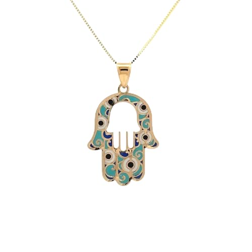 14K Solid Gold Pendant Necklace Hand-Painted Abstract Hamsa Hand and Allah Calligraphy (Evil Eye) - Gift for Men, Women, Daughter, Son, Unisex Adults, Kids - color: Gold & Light Green Evil Eye in Hamsa Hand, style: Pendant w/ Cuban Link 18"
