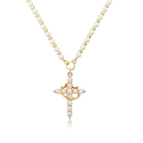 Robaice Upgraded Crown Cross Necklace for Women, 14K Gold Plated - color: E Pearl Necklace, Gold