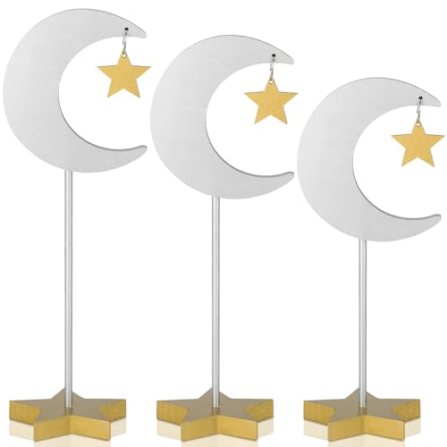 Amyhill 3 Pcs Ramadan Decoration Eid Mubarak Wood Ornament Rustic Crescent Moon Star Freestanding Table Centerpiece Signs for Kareem Muslim Decor