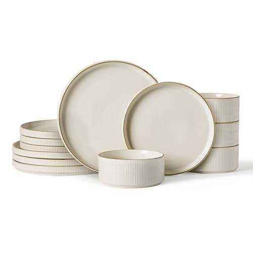 Famiware Star Stoneware Dinnerware Sets, Rimmed Plates and Bowls Set for 4 - color: White