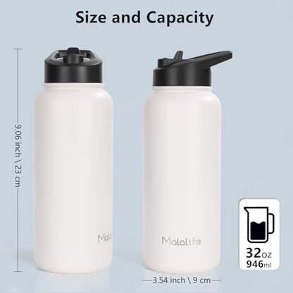 Water Bottle, BPA Free Insulated Stainless Steel, 32oz, Dual lids, Keep Cold 24H, Large Flask, Wide Mouth, Double Wall Metal Sport Drink Bottle, Camping, Gym, Hiking, Cream White - color: Cream White