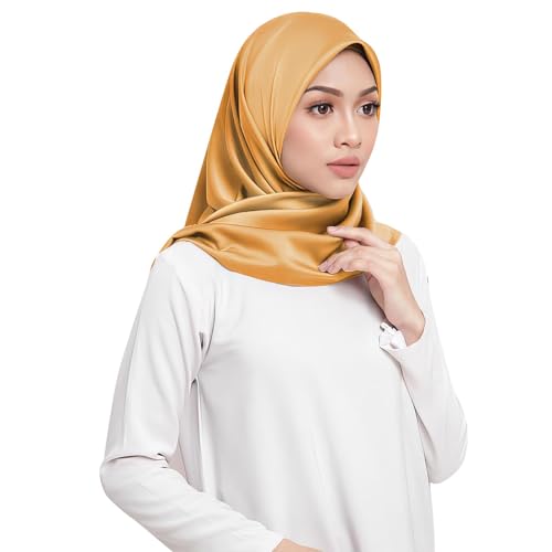 Elegant Satin Jersey Muslim Hijab Scarf Square Soft Head Wrap Scarves Shawl for Women Girls - color: Gold(90*90cm)