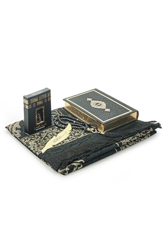 ihvan online Prayer Gift Set for Men & Women, Muslim Prayer Rug, Salah Mat, Beads Taasbih, Arabic Holy Quran, Islamic Gift Set for Ramadan & Eid, Black - color: Black