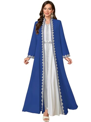 Elegant Muslim Dress with Embroidered Traditional Islamic Attire Maxi Robe Eid Prayer Gown - color: Blue and White, size: Large