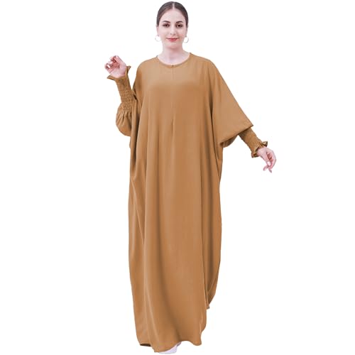 khalat Womens Muslim Prayer Dress Front Zipper Kaftan Islamic Robe Modest Solid Abayas for Women Muslim - color: Khaki