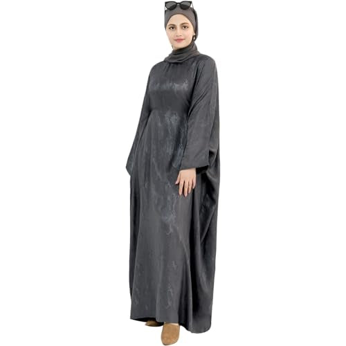 khalat Abaya Muslim Dress Women Satin Jacquard Prayer Dress Batwing Long Sleeve Islamic Dubai Robe with Chiffon Hijab - color: Grey