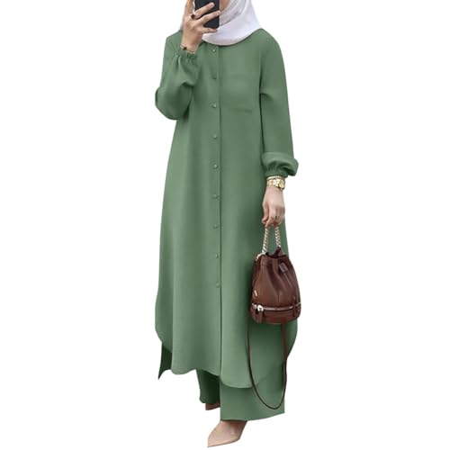 Muslim Clothes for Women 2 Piece Set Long Sleeve Button Down Shirt and Pants Ramadan Abaya Dress Islamic Dubai Outfits - color: Green, size: Small