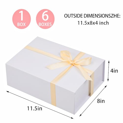 UoeRing 6 Pcs White Gift Box 11.5x8x4 Inch with Magnetic Lid | Collapsible Luxury Present Box,for Birthday,Christmas Holiday Gift Includes Card,Ribbon,Tissue Paper & Shredded Filler - color: 11.5x8x4 Inch-White-Pack of 6