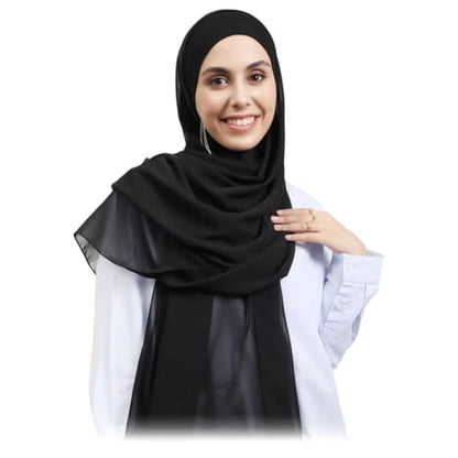 Women Instant Chiffon Hijab Set 3-in-1 Hijabs Scarf Muslim Soft Long Head Scarf with Built-in Magnets and Undercap - color: Black