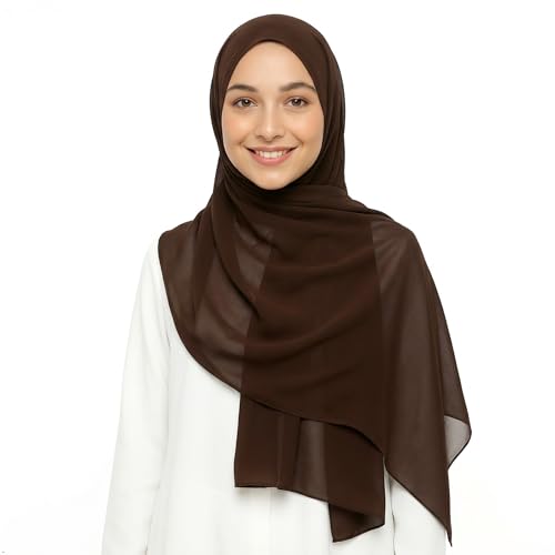 Women's Magnetic Hijab with Stitched Undercap - No Pin Chiffon Prayer Scarf - color: Dark Brown