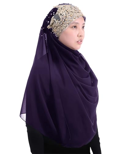 Lina & Lily Premium Chiffon Hijab Head Scarf Wrap with Gold Sequins Glitters Beads for Muslim Women - color: Dark Purple