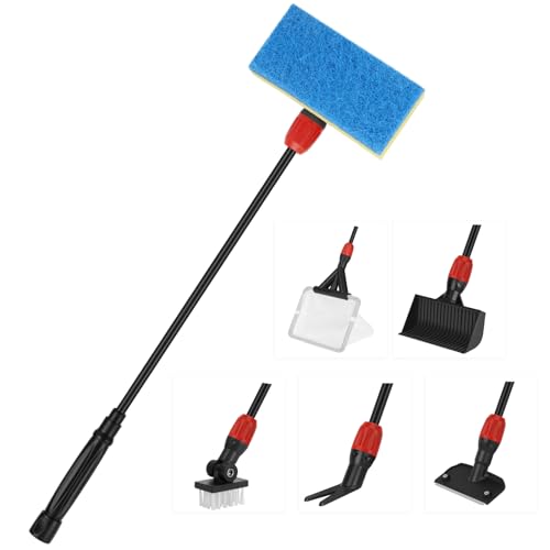 hygger Multi-Use Fish Tank Cleaner, 6 in 1 Aquarium Cleaning Tools Kit with 17.7 Inches Long Handle Algae Scraper Sponge Scrubber Firm Scrub Brush Fish Net Gravel Rake for Acrylic & Glass Tank - size: S(17.7in Long Handle)