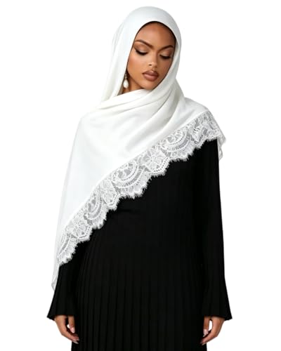 JUMISEE Elegant Floral Lace Hijab Scarf for Women Soft Cotton Head Wrap Instant Hijab Long Scarves Evening Dress Shawl - color: White