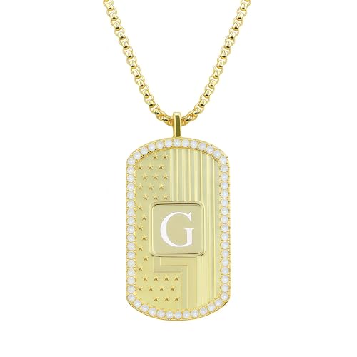 American Flag 18K Gold Plated Initial Dog Tag Alphabet Pendant Necklace for Men&Women, A to Z Copper Pendant Necklace with CZ Stones, Personalized Letter Non-Tarnish Jewelry Gift - style: G