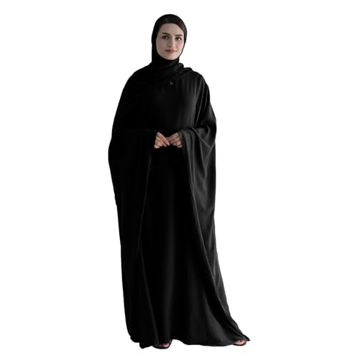 Abaya 무슬림 여성용 드레스 배트윙 슬리브 루즈핏 맥시 겸손한 이슬람 의류 히잡 스카프 포함 기도 드레스 - color: 블랙.