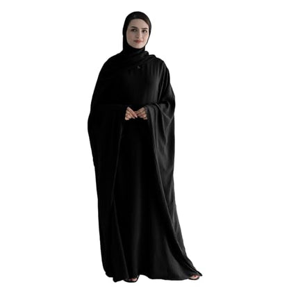 Abaya Muslim Women Dress Batwing Sleeve Loose Maxi Modest Islamic Clothes Prayer Dress with Hijab Scarf - color: Black