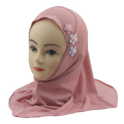 Girls Muslim Hijab Arab Scarf Islamic Headscarf for Kids with 3 Flowers - color: Dark Pink-3 Flowers