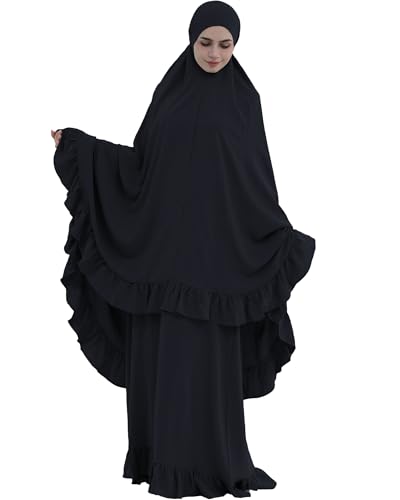 Abaya 2pcs Muslim Prayer Dress Sets with Islamic Hijab Scarf Two-Piece Full Length Dress Plus Size for Ramadan - color: Black, size: Large