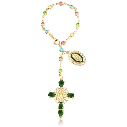 Virgen De Guadalupe Car Charm - Steering Wheel Accessory & Rearview Mirror Hanging, Cross Pendant Automotive Protection Decor - color: Gold-green