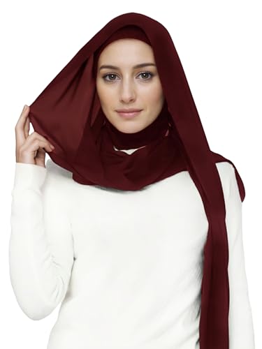 Lina & Lily Flowy Chiffon Instant Hijab Scarf Attached Jersey Ninja Undercap Full Coverage for Muslim Women - color: Dark Red