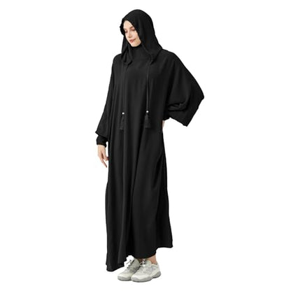 Abaya Muslim Dress Women Prayer Dress Long Sleeve Hooded Loose Maxi Dress Arabian Dubai Islamic Clothes - color: Black