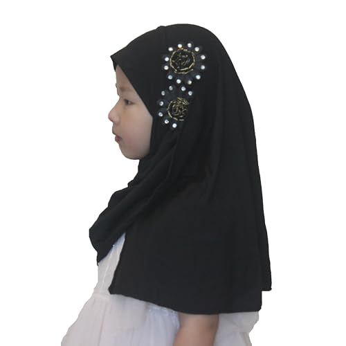 Soft Instant Hijab for Kids Girls Muslim Headscarf Islamic Scarf Shawl Wrap with Flowers - color: Black-2 Flowers