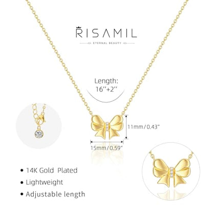Risamil 여성용 골드 목걸이 - 리본 목걸이 14K 앙증맞은 골드 목걸이 귀엽고 작은 나비 펜던트 초커 체인 목걸이 트렌디 목걸이 여성용 골드 주얼리 선물 - color: 리본 목걸이-1