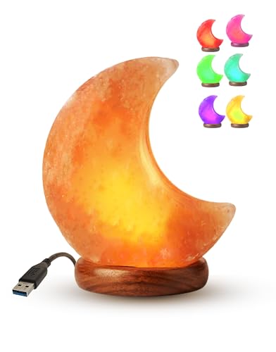 Crescent Moon Himalayan Salt Lamp – 4" RGB Color Changing Night Light with USB Cable, 1.5 lbs Hand-Carved Pink Rock Salt Lamp with Wood Base for Bedroom, Desk, Office & Gifts