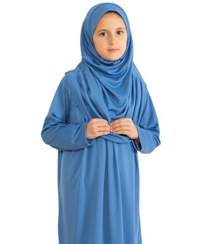 Prien Kids Prayer Dress Muslim Clothes for Girls Long Sleeve Abaya with Hijab Two Piece Maxi Islamic Set Scarf Kaftan Jilbab - color: Indigo