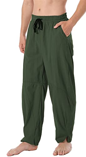 perdontoo Men's Linen Cotton Loose Fit Casual Lightweight Elastic Waist Summer Beach Pants - color: Army Green, size: Medium