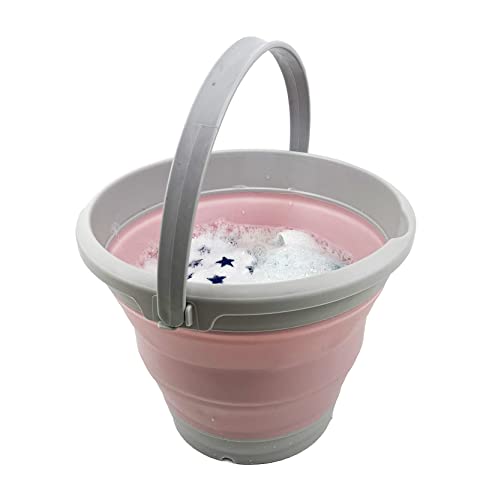 SAMMART 5.5L (1.4 Gallon) Set of 2 Collapsible Plastic Bucket - Foldable Round Tub - Portable Fishing Water Pail - Space Saving Outdoor Waterpot. (Pale Pink + Pine) - color: Pale Pink + Pine