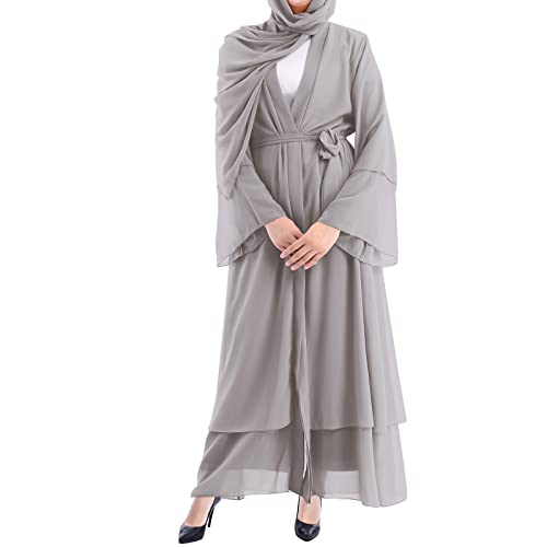 IWEMEK Women Chiffon Muslim Dress Middle East Arabian Robe Islamic Open Front Abaya Long Sleeve Flowy Maxi Cardigan Dress - color: Gray, size: Small