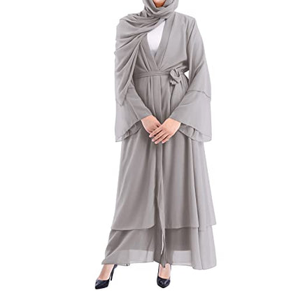 IWEMEK Women Chiffon Muslim Dress Middle East Arabian Robe Islamic Open Front Abaya Long Sleeve Flowy Maxi Cardigan Dress - color: Gray, size: Large