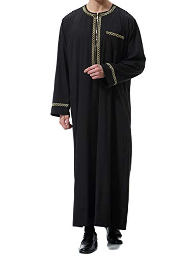 Islamic Mens Clothing Kaftan Maxi-Muslim Male Shirt Long Sleeve Abaya Dubai Cotton… - color: Black-a, size: X-Large