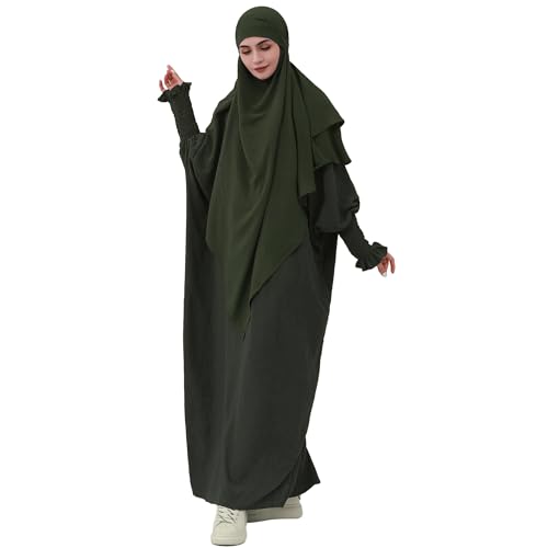 khalat Womens Muslim Prayer Dress Front Zipper Kaftan Islamic Robe Modest Solid Abayas for Women Muslim - color: Army Green+hijab