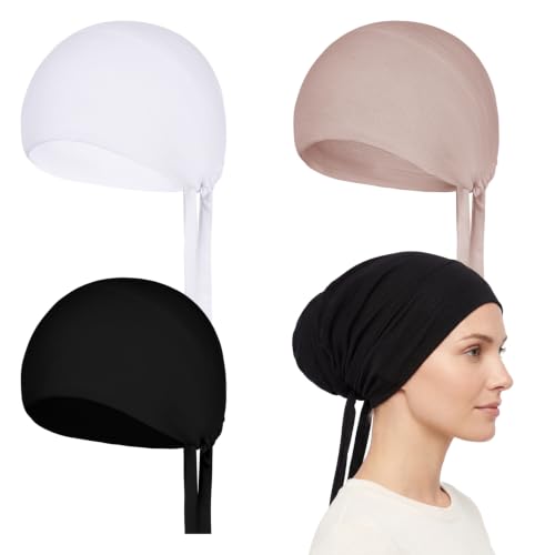 Sucrain Women 3 Pcs Hijab Undercap Islamic Muslim Hijab Headscarf Elastic Wide Lightweight Cap Inner Under Scarf Hat Turban with Tie