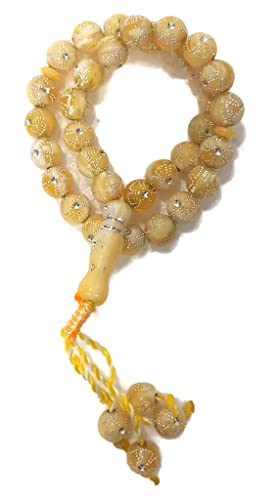 Muslim Tasbih 33 Prayer Bead Rosary AMN-312 Islam Praying Misbaha Beautiful Design 10 mm. Islamic Religion Subha Sibha Eid Ramadan Gift (Beige) - color: Beige