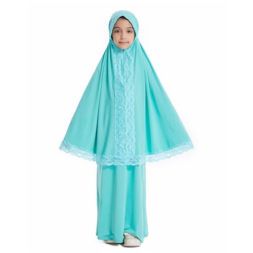 Girls Abaya Muslim Prayer Dress 2 Piece Maxi Sleeve Full Cover Lace Hijab Kaftan Tops Long Skirt Kids Soft Elastic - color: Green, size: 7-8 Years
