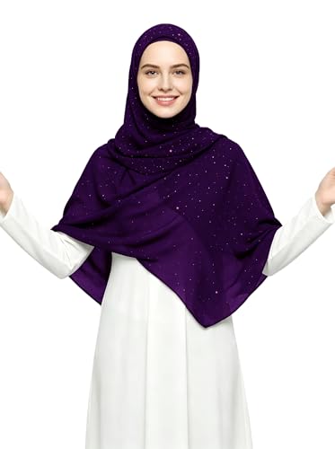 Lina & Lily Sparkle Shimmer Gold Glitter Women's Chiffon Hijab Head Scarf Shawl Wrap Lightweight - color: Dark Purple