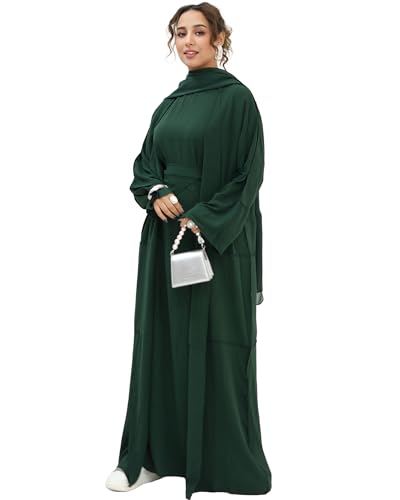 Abaya Muslim Prayer Dress Set Ramadan Open Front Islamic Clothing 3pcs Prayer Robe with Waist Apron Loose Flowy - color: Dark Green, size: Medium