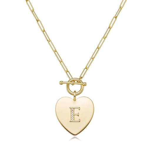 14K Gold Filled Heart Initial Necklace for Women, Dainty Alphabet Pendant Necklace with Paperclip Chain, Hypoallergenic Jewelry Gift for Her - color: Letter E