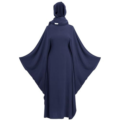 ODIZLI Abayas For Women Muslim Dubai Full Cover Kaftan Shirt Dress Batwing Sleeve Prayer Dress With Hijab - color: Dark Blue+ Hijab, size: One Size