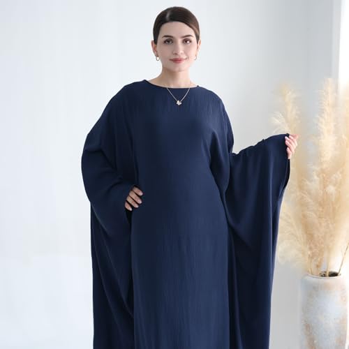 Women Muslim Abaya Dress 1Piece Bat Sleeve Islamic Maxi Robe Fashion Jilbab for Women Eid Kaftan Muslim Robe - color: Navya, size: Medium