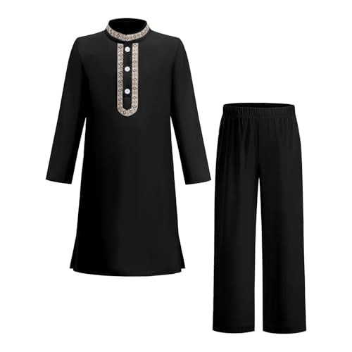 ODIZLI Toddler Boys Muslim Long Sleeve Kaftan Abaya and Pants With Pockets Saudi Arabic Dubai Outfits for Eid Ramadan - color: Black, size: 10-11 Years